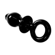 Plug anale vetro borosilicato nero angolato con testa arrotondata e anelli