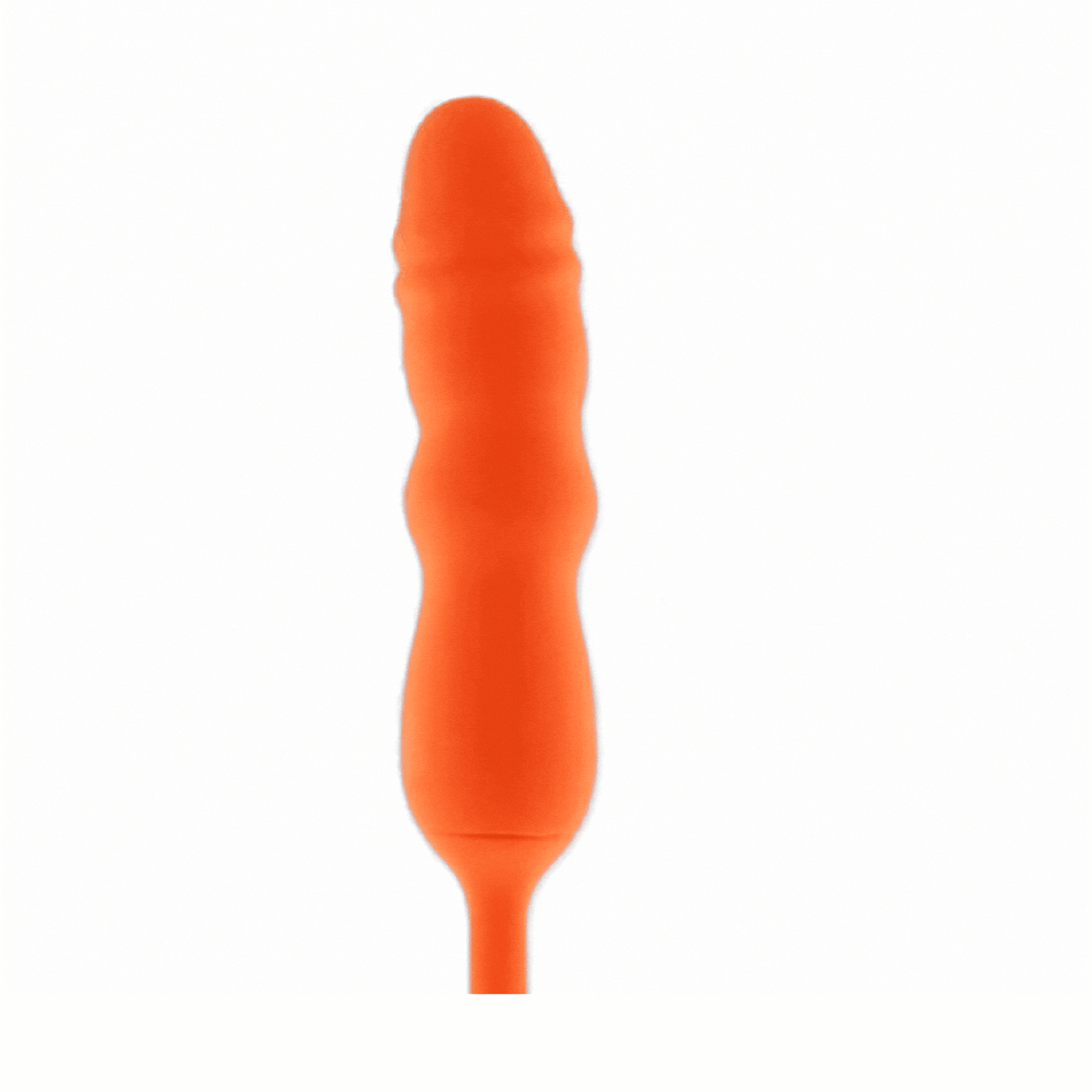 Dettaglio ravvicinato vibratore a spinta arancione silicone con base sottile e rilievi concentrici