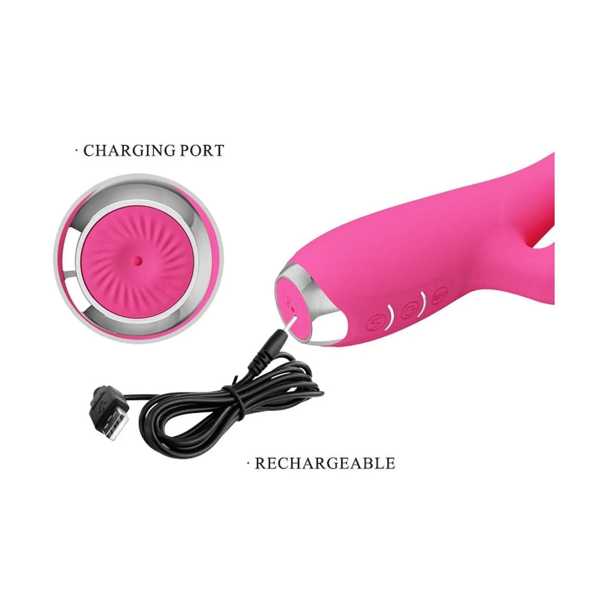Vibratore coniglio rosa Pretty Love Gloria cavo USB ricarica base con presa metallica e pulsante accensione