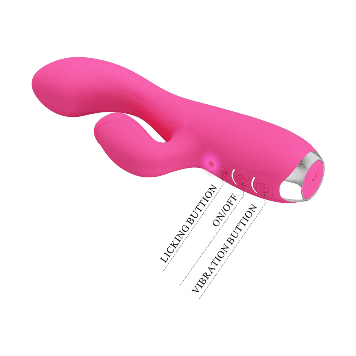 Vista dall'alto vibratore coniglio rosa Pretty Love Gloria con etichette pulsanti leccata e vibrazione
