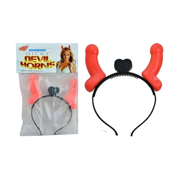 Fascia corna diavolo luminose nere con pene rosso-arancio, confezione trasparente