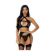 Lingerie nera completa top rete mutandine sospensori calze pizzo