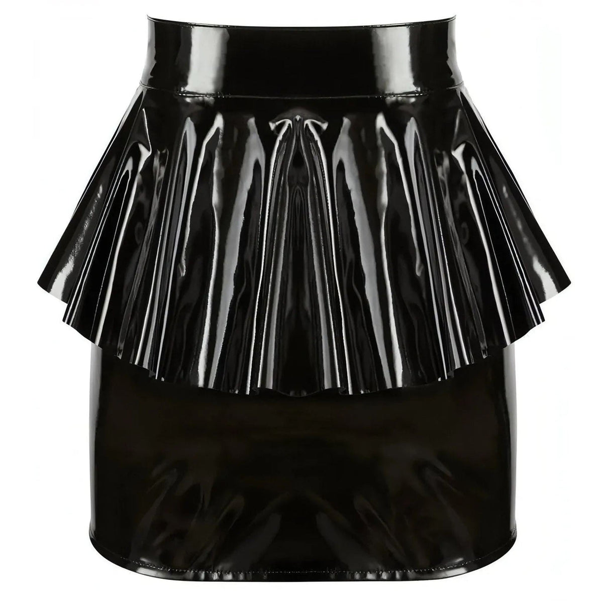 Dettaglio gonna nera wetlook con drappeggio e zip