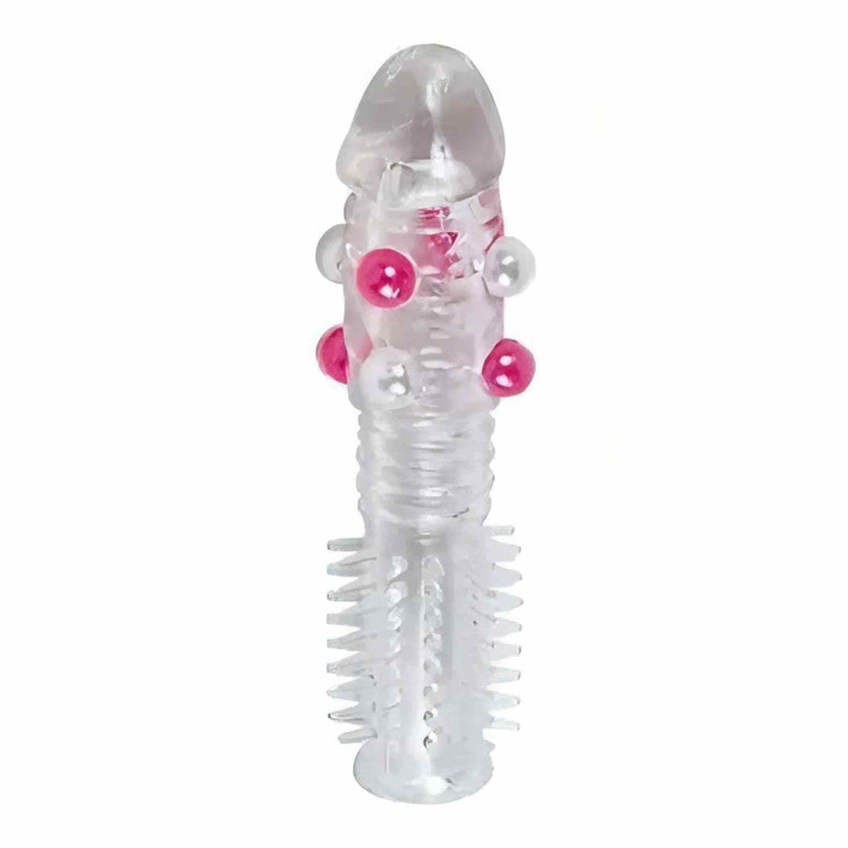 Guaina per pene trasparente con anelli, perle rosa e spazzole solleticanti