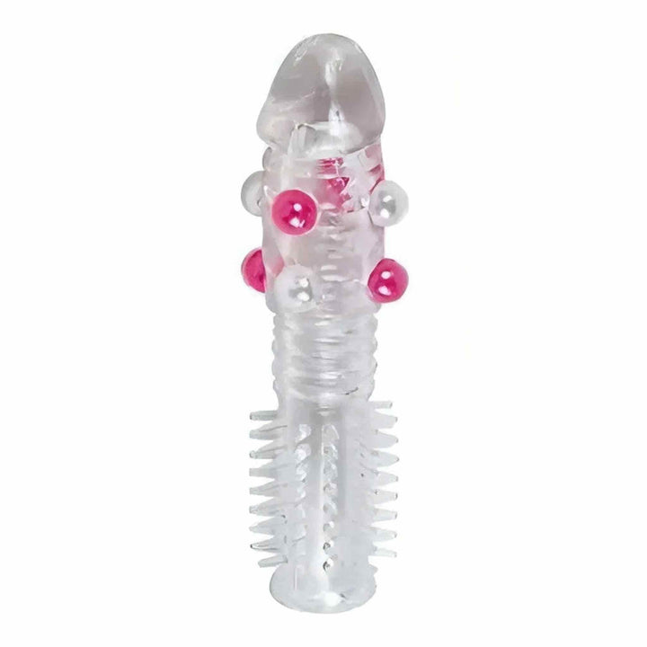 Guaina per pene trasparente con anelli, perle rosa e spazzole solleticanti