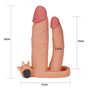 Guaina fallica biforcuta rosa-beige con estensione 2.5 cm e pulsante vibrante