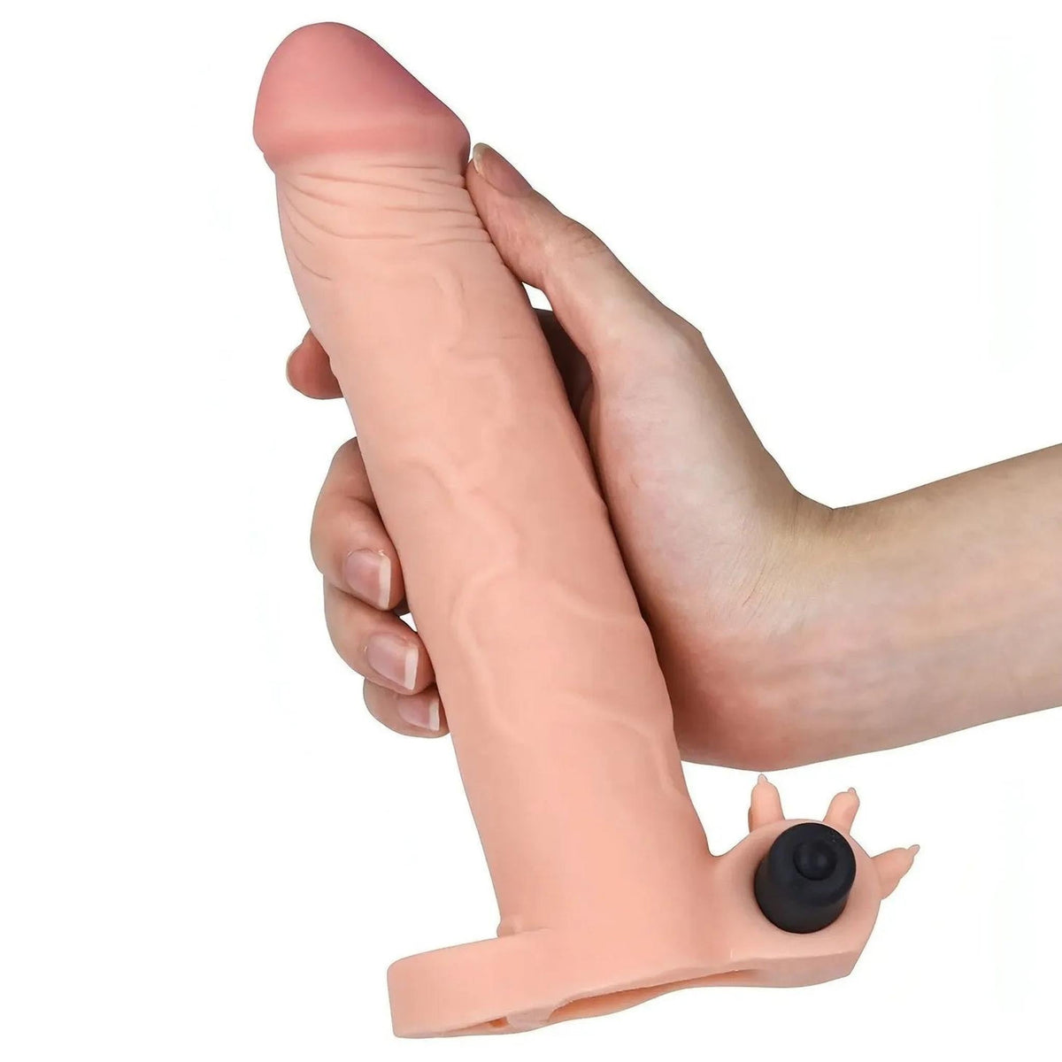 Guaina fallica realistica con stimolatore clitorideo e anello 7.6 cm extra
