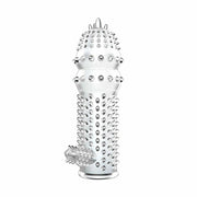 Guaina per pene trasparente con spine spiralate e cupola decorata