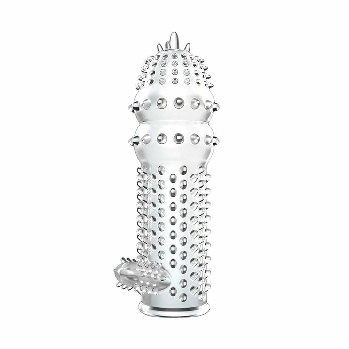 Guaina per pene trasparente con spine spiralate e cupola decorata