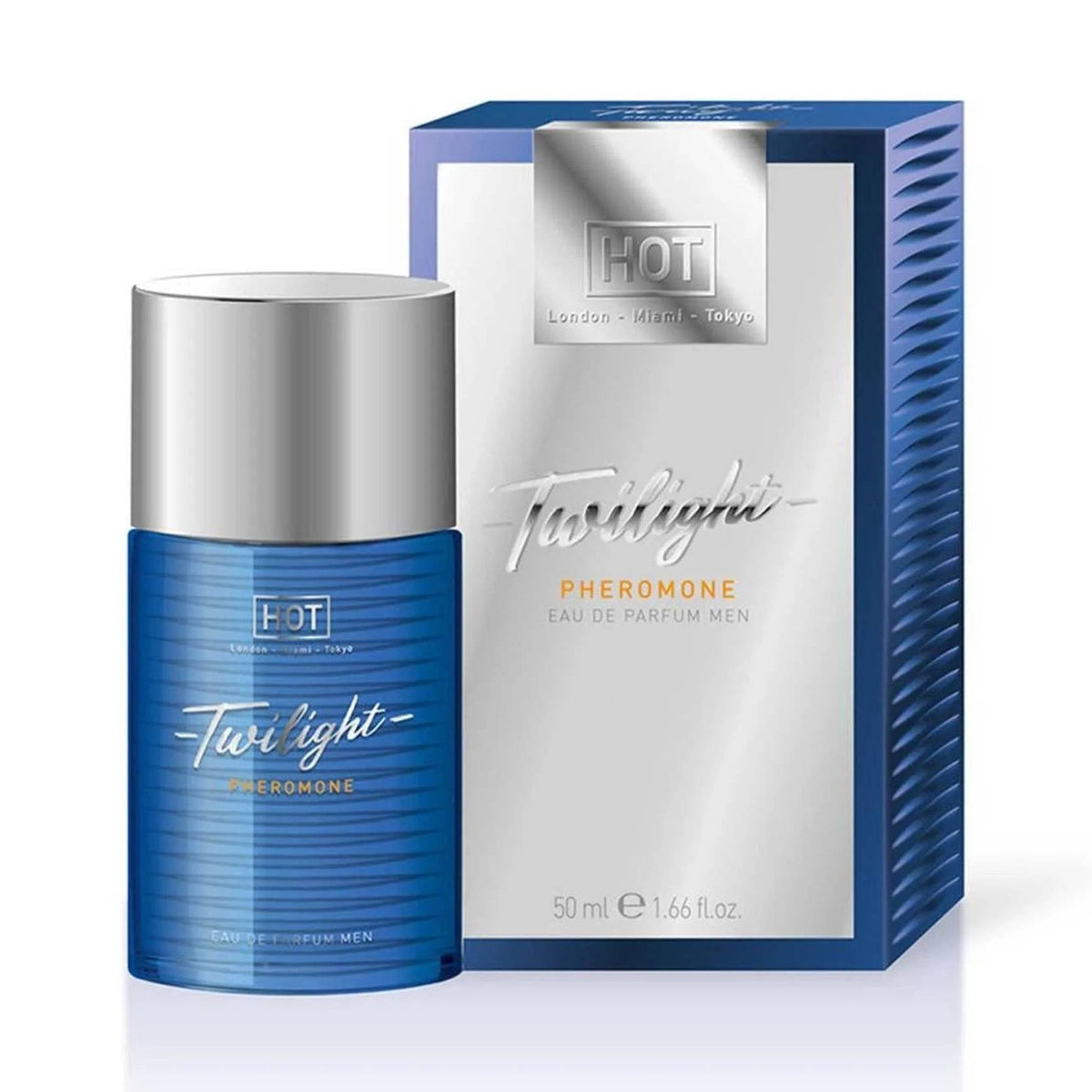 Profumo uomo HOT Twilight 50 ml con feromoni, flacone blu a righe e scatola elegante