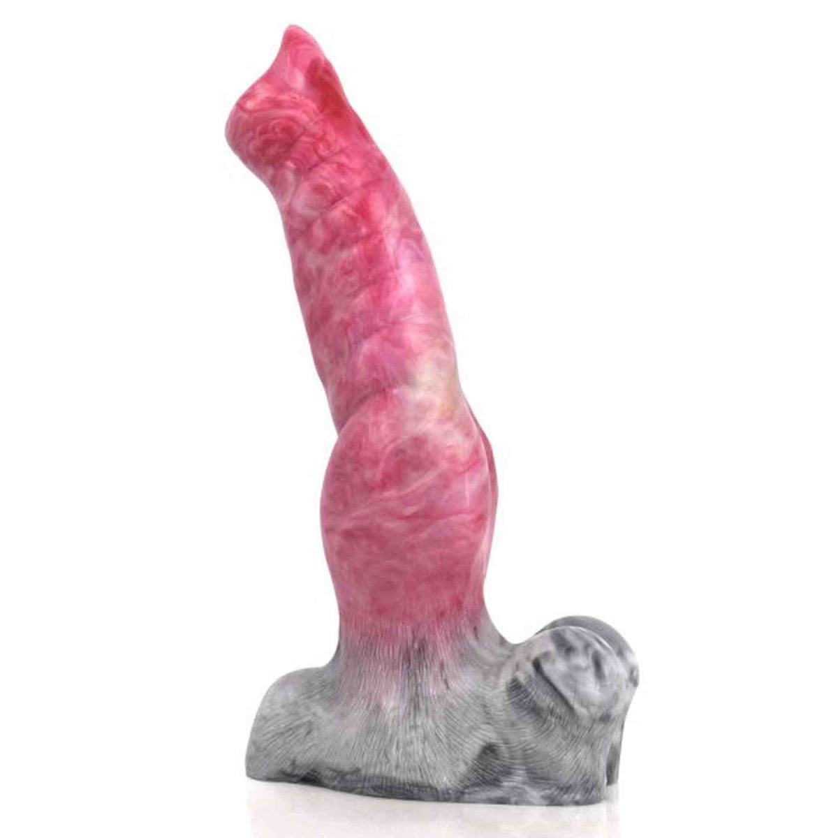 Dildo fantasy rosa venature chiare base grigia effetto pelo vista laterale