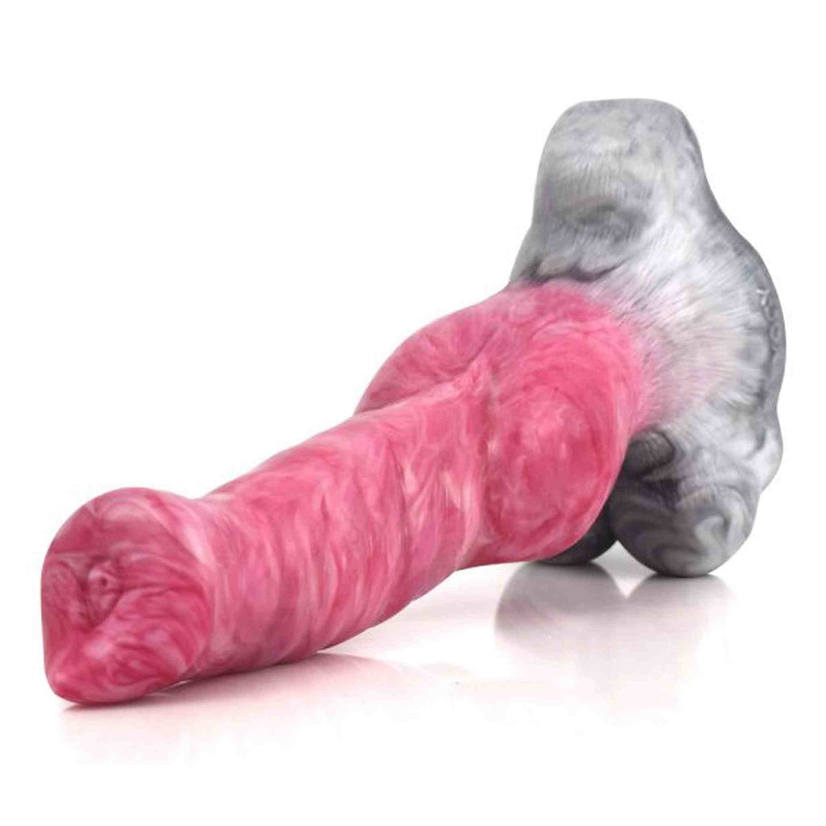 Dildo rosa-bianco orizzontale curve corpo testa forma anatomica riflessi luce