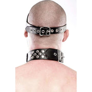 Set accessori BDSM nero in pelle con fibbie e borchie: fascia testa e collare