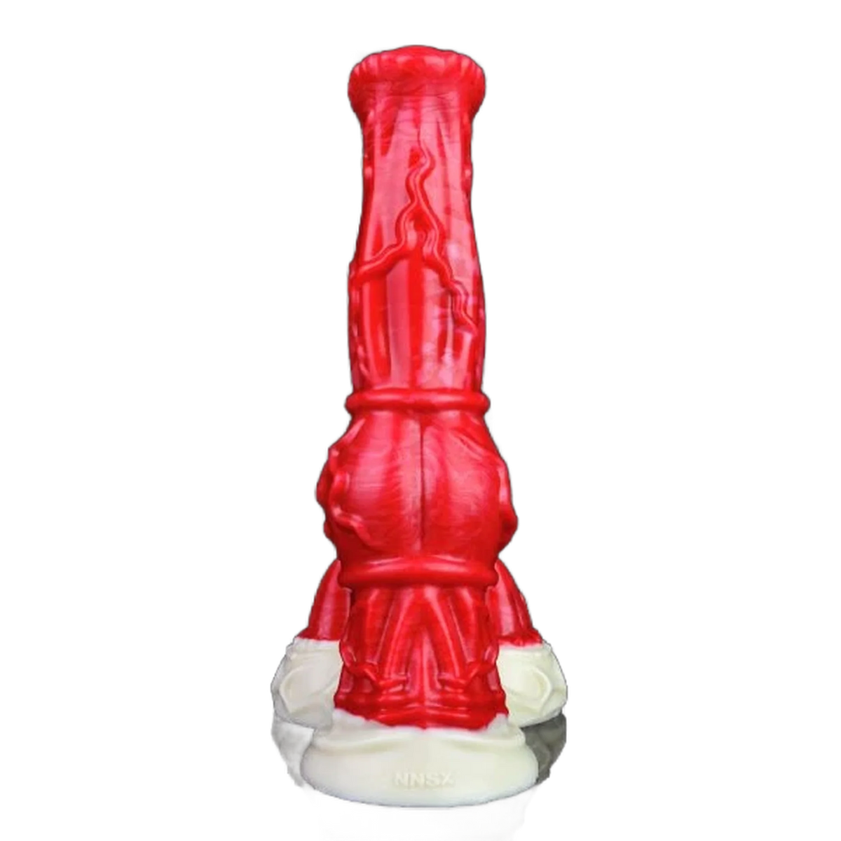 Dildo fantasy rosso in silicone con base bianca e artigli, dettaglio muscoli