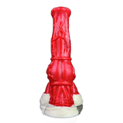 Dildo fantasy rosso in silicone con base bianca e artigli, dettaglio muscoli