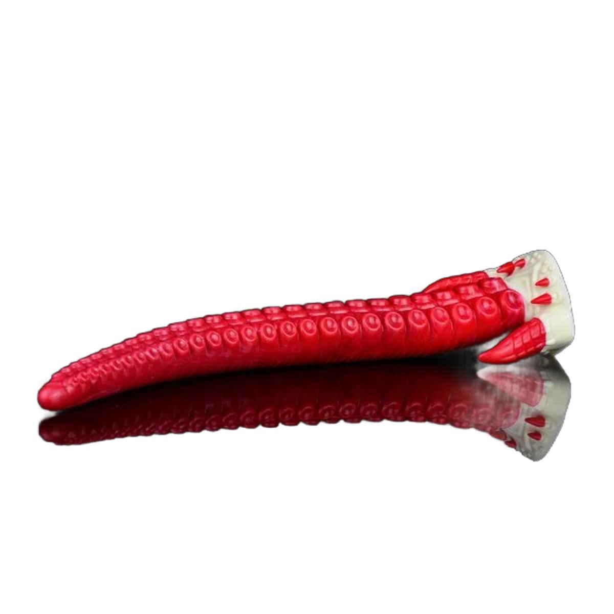 Dildo silicone rosso allungato con ventose circolari e base decorata