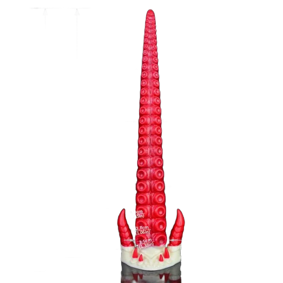 Dildo silicone rosso brillante con misurazioni centimetri e base cornuta