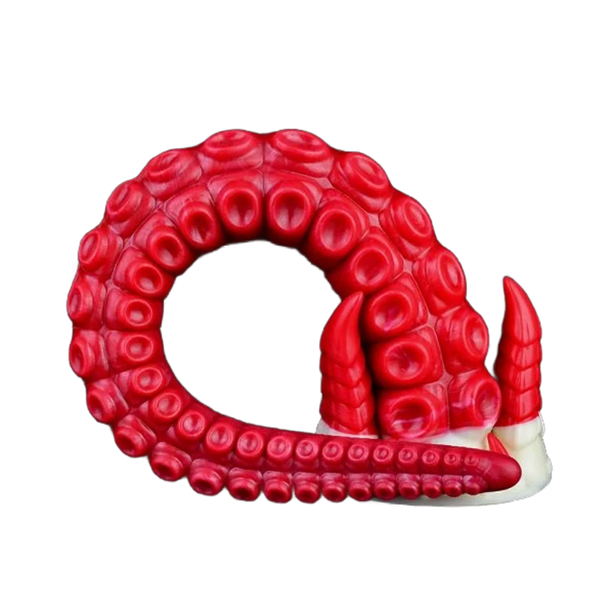 Dildo tentacolo rosso intenso in silicone con ventose circolari e base bianca