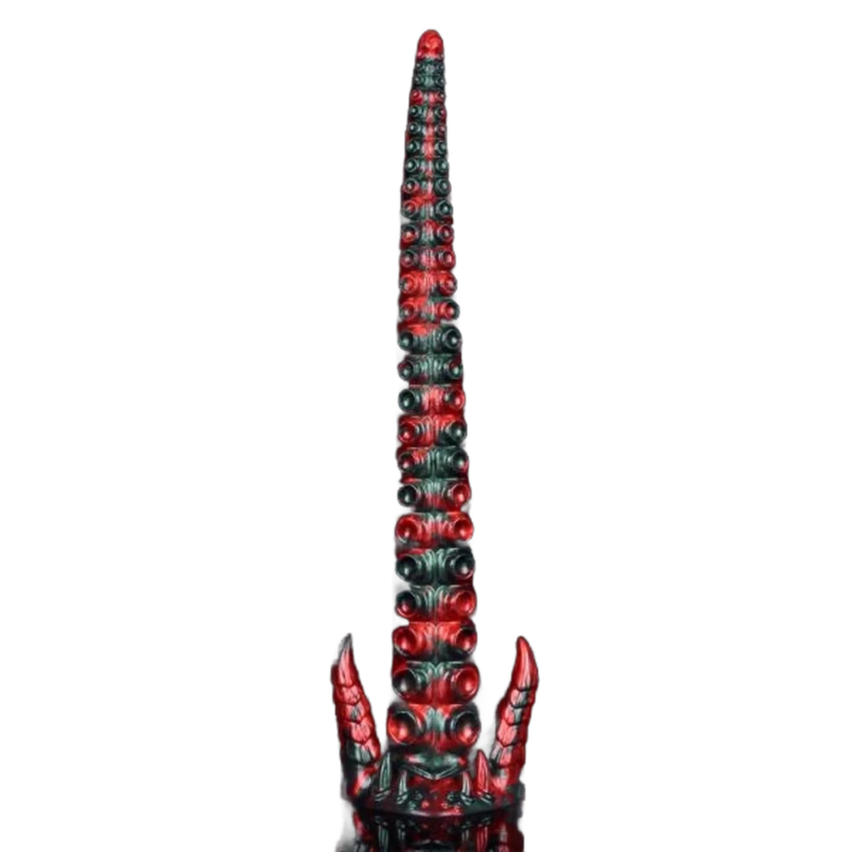Vista frontale dildo silicone rosso verde con file di ventose e dettagli artigli