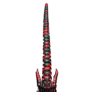 Vista frontale dildo silicone rosso verde con file di ventose e dettagli artigli