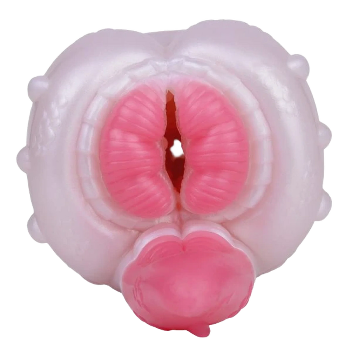 Dettaglio bocca interna masturbatore Banshee drago silicone rosa con labbra e lingua scure