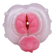 Dettaglio bocca interna masturbatore Banshee drago silicone rosa con labbra e lingua scure