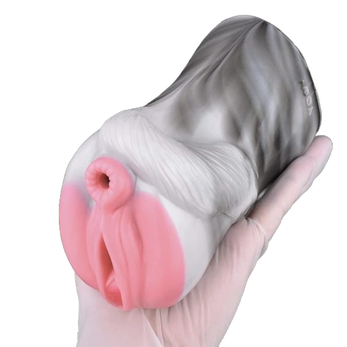 Toy masturbatore Horse Nana grigio chiaro in silicone tenuto in mano