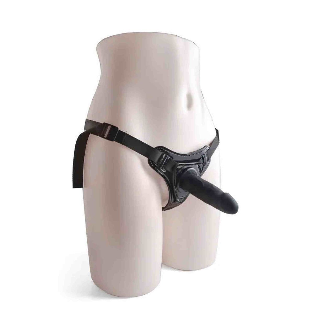 Manichino femminile indossante strapon nero con dildo inserito