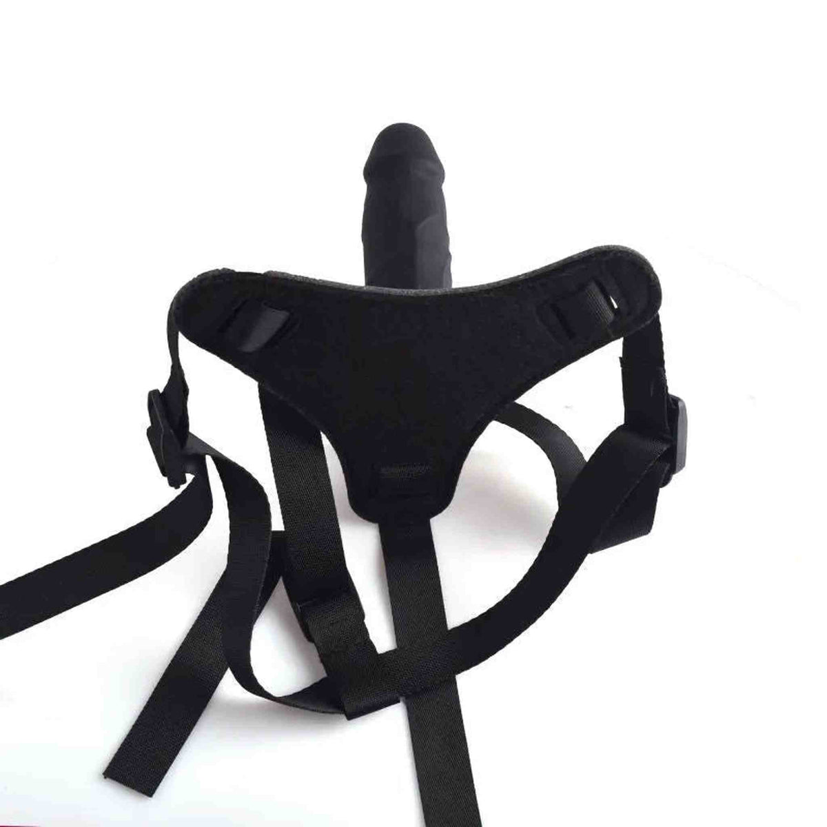Vista posteriore strapon nero con cinturino Y e fibbie a velcro