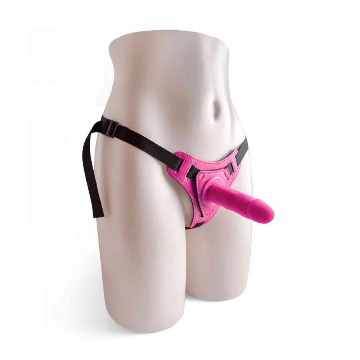 Manichino femminile con strapon rosa base cucita e cinghie nere