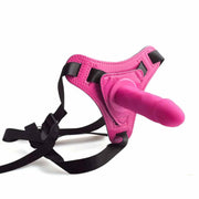 Strapon rosa acceso 4 pollici con base Y e cinghie nere in silicone anallergico