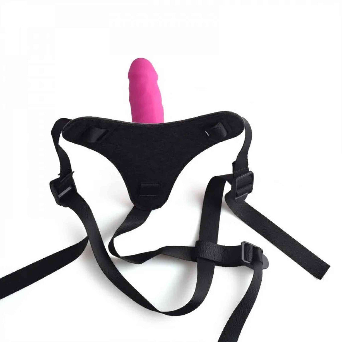Strapon da uomo con pene rosa acceso e base nera in tessuto