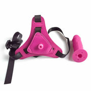 Strapon rosa smontato con base Y in pelle sintetica e dildo separato