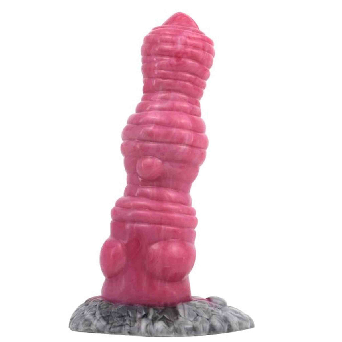 Dildo rosa curvo con protuberanze sferiche laterali e base marmorea