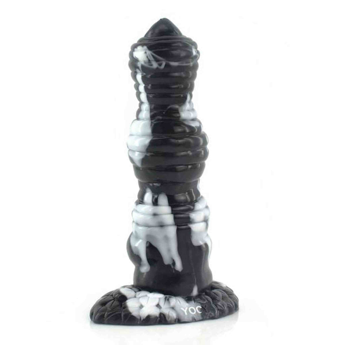 Dildo verticale nero e bianco lucido con corpo a spirale e base piatta