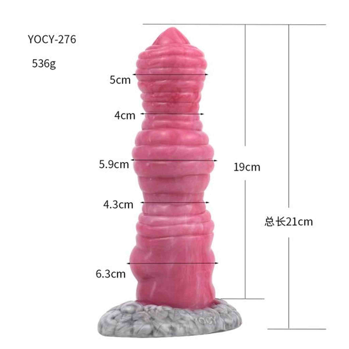 Dildo rosa YOCY-276 con misure dettagliate e base texture irregolare