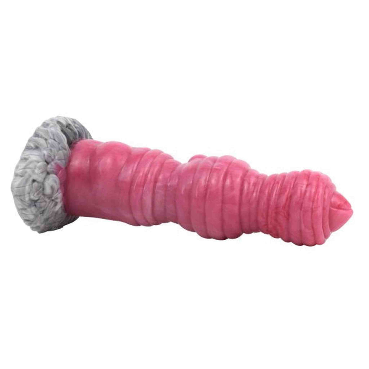 Dildo orizzontale rosa a spirale con base grigio-nera texture pelle