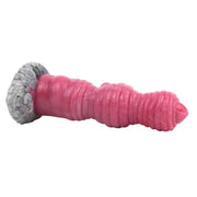 Dildo orizzontale rosa a spirale con base grigio-nera texture pelle