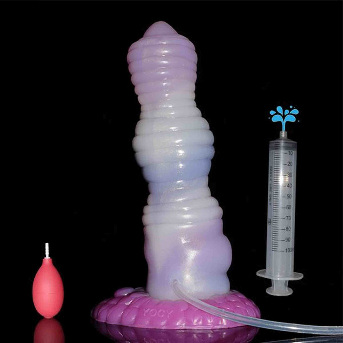 Dildo erogatore Hurricane in silicone viola-bianco con pompa rossa