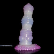 Vista frontale dildo erogatore Hurricane lucido strati viola-blu-bianco
