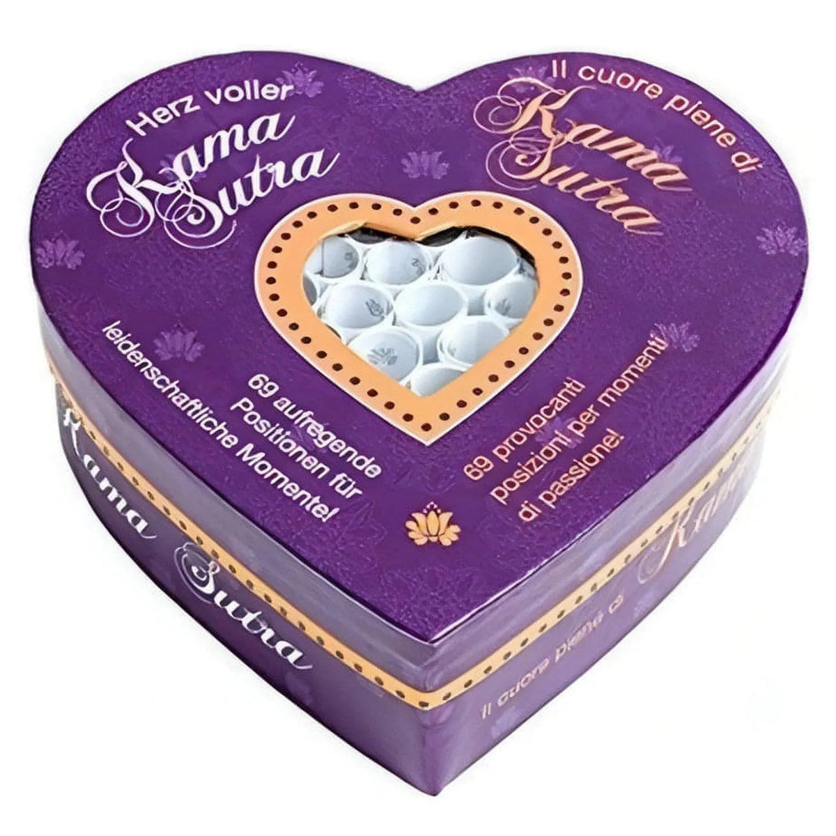 Scatola cuore viola Kama Sutra con rotoli erotici e testo bilingue