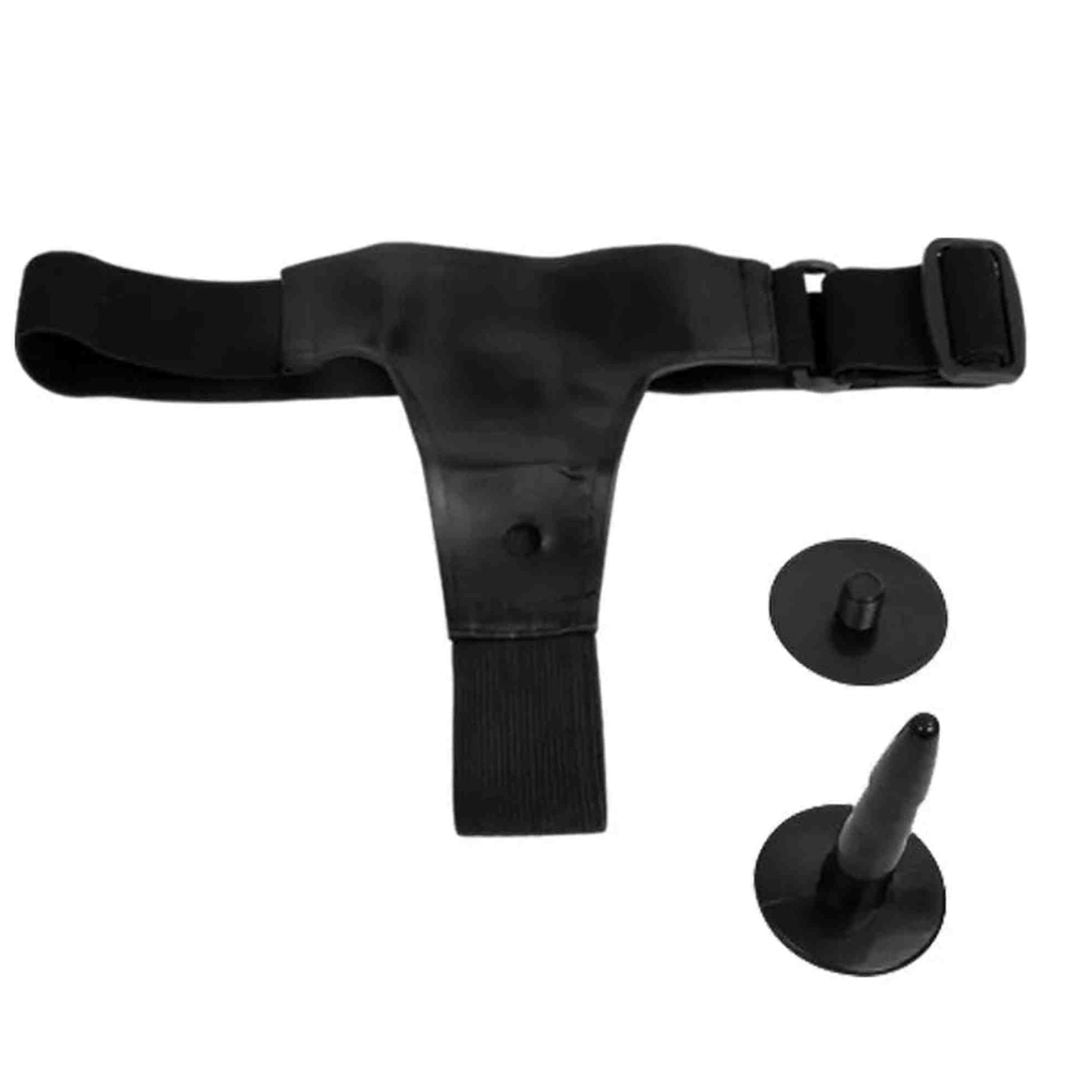 Imbracatura strapon nera T con accessori anello e cono in tessuto elastico