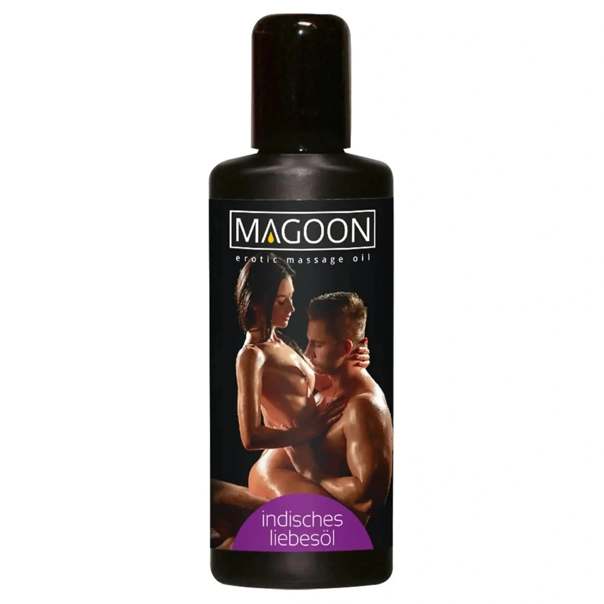Olio da massaggio erotico Magoon indiano bottiglia nera etichetta coppia