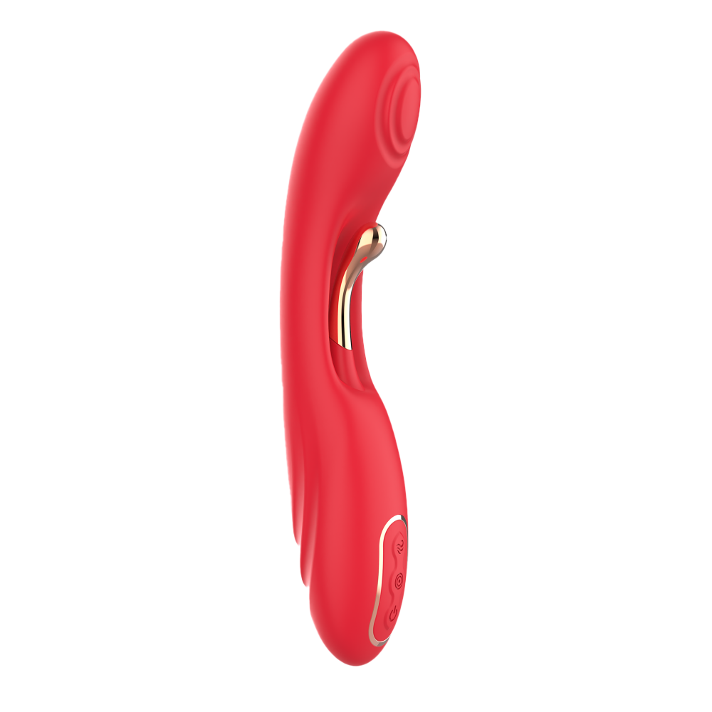 Vibratore rabbit rosso in silicone con pannello controllo tre modalità e orecchio dorato