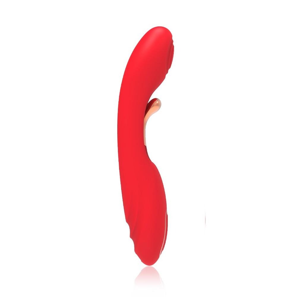 Vista laterale vibratore rabbit rosso ergonomico in silicone opaco con dettaglio orecchio