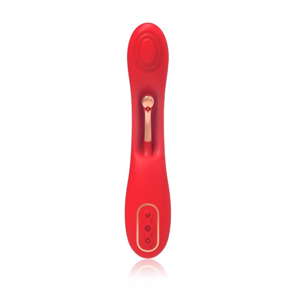 Vibratore rabbit rosso frontale con testa arrotondata, pulsante controllo e orecchio dorato