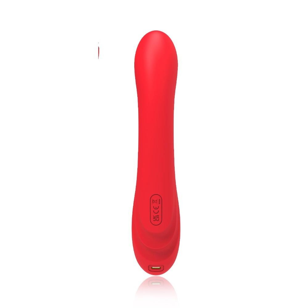 Retro vibratore rabbit rosso con presa USB-C bordo oro e marchio certificazione CE