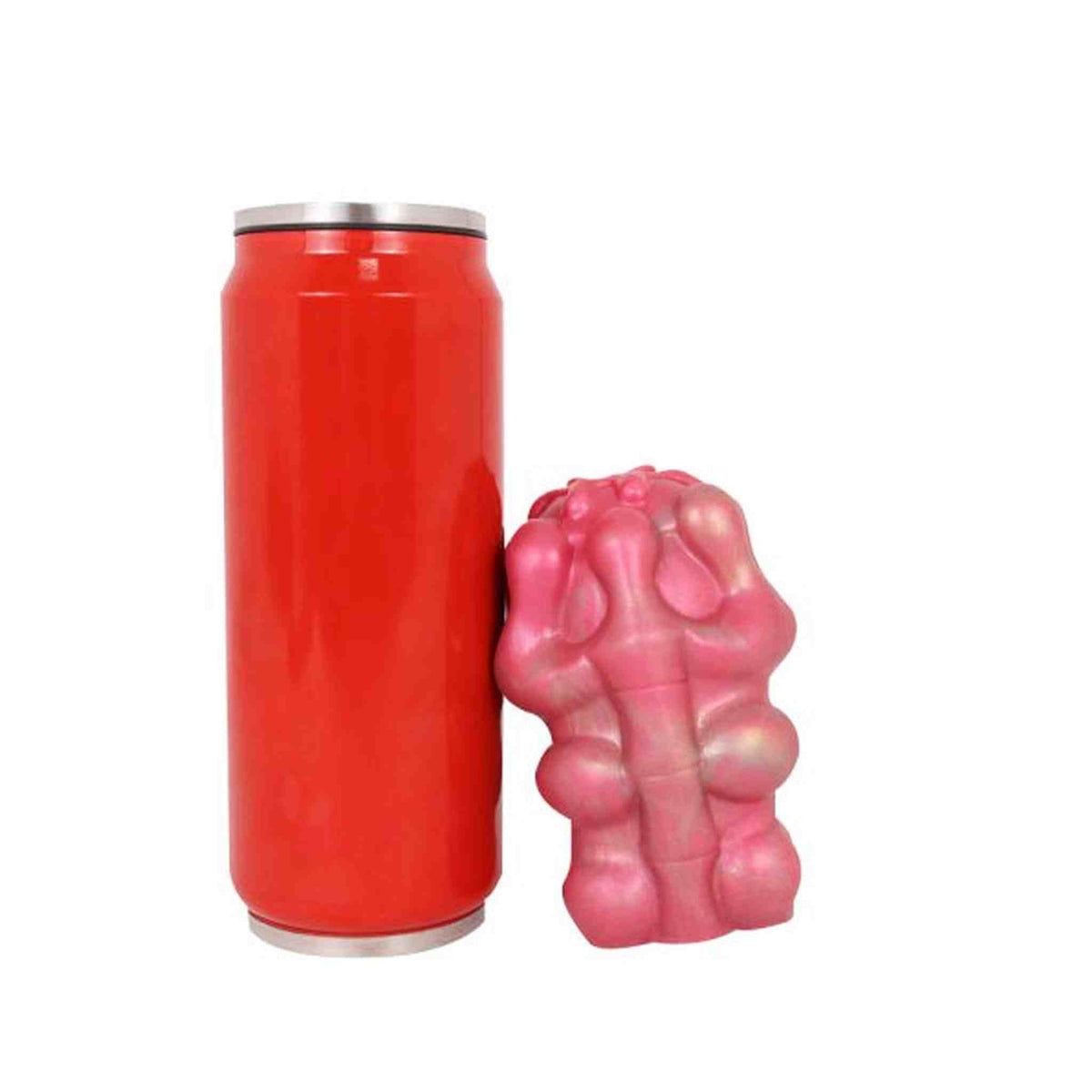 Masturbatore Jagged Bones rosa in silicone liquido per confronto dimensioni con lattina