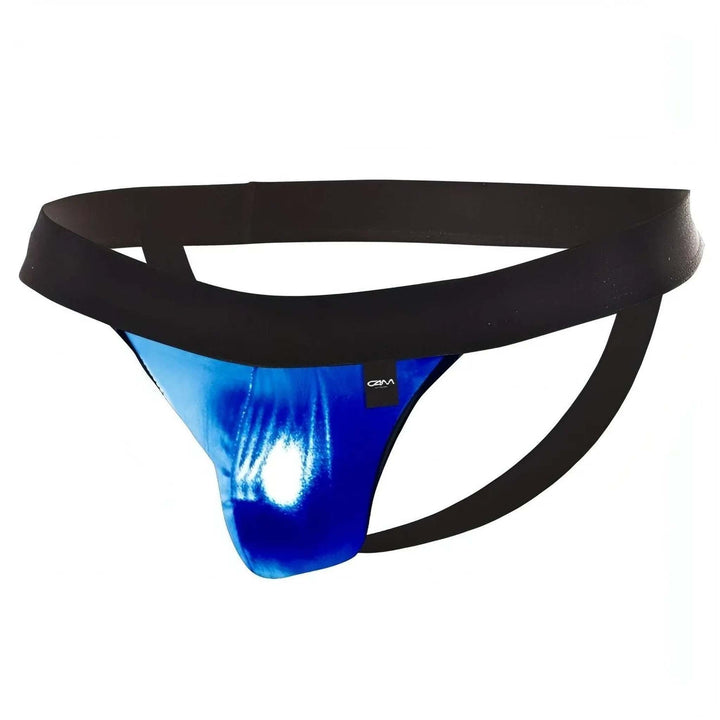 Jockstrap blu lucido wet look vista frontale con etichetta Cut4Men