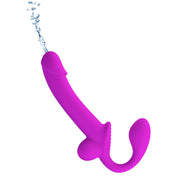 Dildo strapless viola acceso Kelpie in azione con spruzzata d'acqua simulata su sfondo bianco